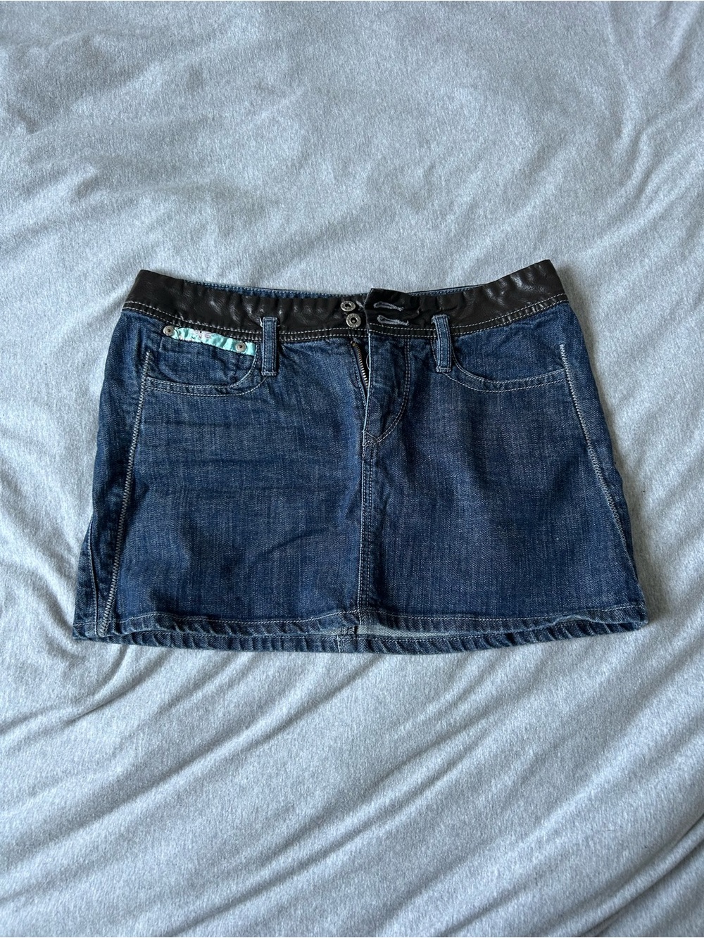 Parasuco Dark Blue Denim Mini Skirt with Black Waistband